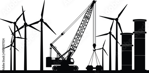 Silhouette of Industrial Construction Site with Heavy Crawler Crane, Wind Turbines for Renewable Energy, and Storage Tanks for Sustainable Infrastructure Development