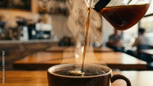 Moment As Fresh Coffee Is Poured Into A Cup With Steam Rising. Close Up View Captures The Aromatic Essence Of The Coffee. One Person Is Visible In Frame