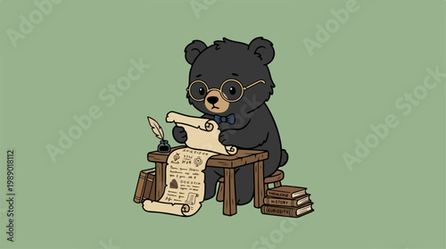 Black bear in glasses writing scroll.