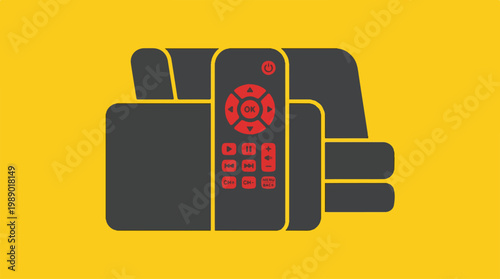 Black remote control with red buttons.