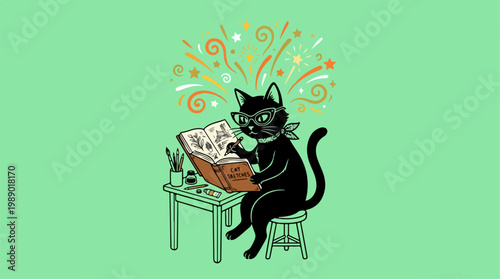 Black cat sitting at table reading.