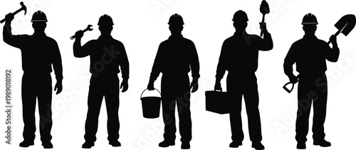 Silhouette of Professional Construction Workers and Industrial Laborers Holding Tools Like Hammer Wrench Bucket Toolbox and Shovel on White Background