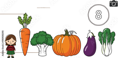 Cute Child with Fresh Vegetables Collection Including Carrot Broccoli Pumpkin Eggplant and Bok Choy Healthy Food Vector Illustration