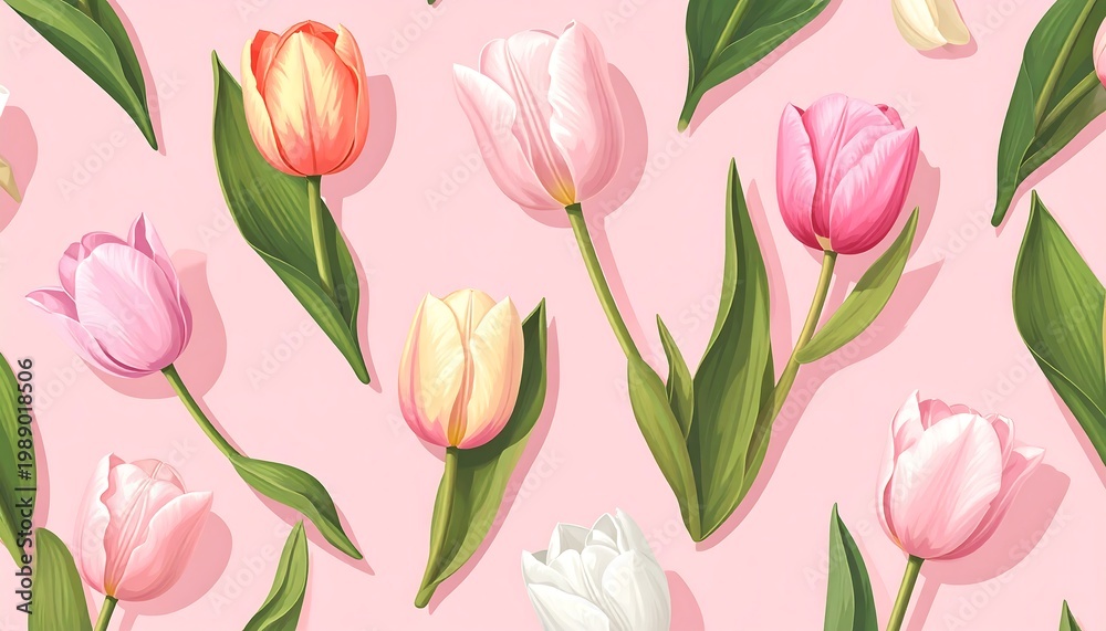 Fototapeta premium A vibrant floral pattern featuring tulips on a pink background