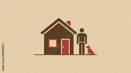 Brown house with red door and dog.