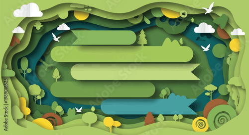 Vibrant green layered paper cut design for Earth day celebration, emphasizing global Earth protection and ecological harmony