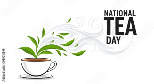 A vector illustration for National Tea Day, showcasing a steaming teacup with floating green leaves, set against a clean white background, symbolizing British tea culture and the afternoon