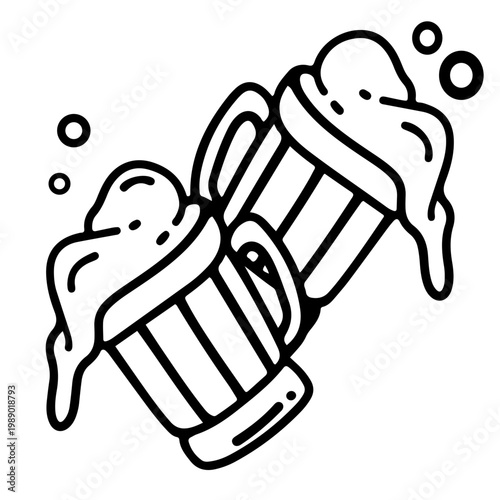 Hand-drawn doodle illustration of two frothy beer mugs clinking, celebrating good times with overflowing foam – an adobe stock vector for beverage and party designs