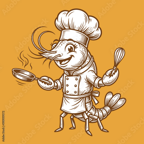 Smiling cartoon shrimp chef mascot holding a steaming frying pan and a whisk, ready to cook seafood vector illustration 