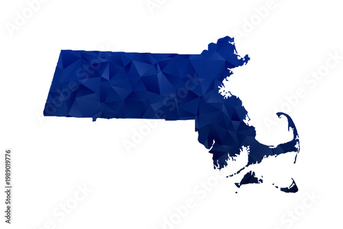 Massachusetts Map - Polygon Style Vector Illustration in Dark Blue Gradient, Low Poly Geometric Design, Isolated on White Background for Infographics and Education.