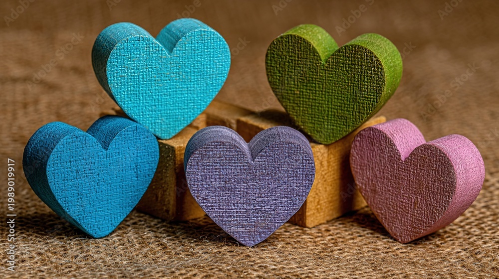 Obraz premium Romantic concept photography, five pastel-colored heart-shaped wooden cutouts scattered on a textured wooden surface, featuring light blue, light green, teal, purple, and pink hues.
