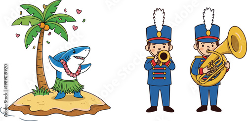 Funny Shark Dancing on Tropical Island with Palm Tree and Music Band Players with Brass Instruments Vector Illustration Set