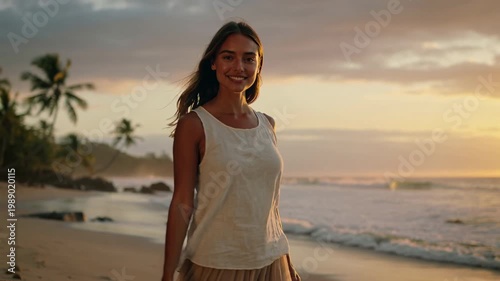 Cinematic Woman Enjoying Tropical Island Sunset In Motion. Golden Sunset Light, Island Cliff Edges, And A Tropical Waterline Shape The Portrait Setting