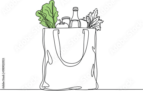 Reusable grocery bag filled with fresh produce and bottle of oil simple line drawing on transparent background.