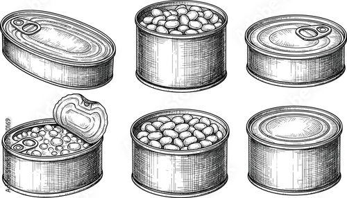 Assortment of vintage canned goods including beans sardines and corn in line drawing style.