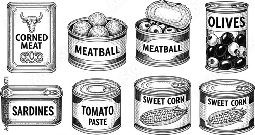 Collection of vintage canned food illustrations including meatballs olives corn sardines and tomato paste.