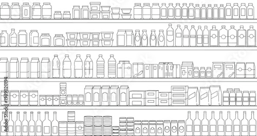 Set of grocery store shelves filled with various jars bottles and containers of food products.