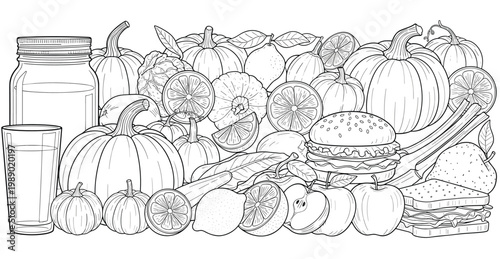 Collection of autumn harvest produce including pumpkins lemons oranges apples and a sandwich.