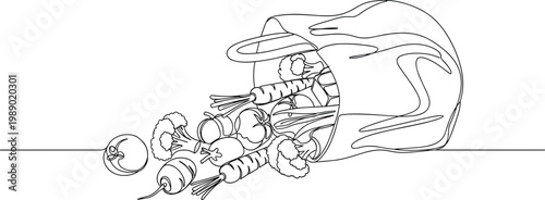 Grocery bag full of fresh vegetables and fruits line art on transparent background.