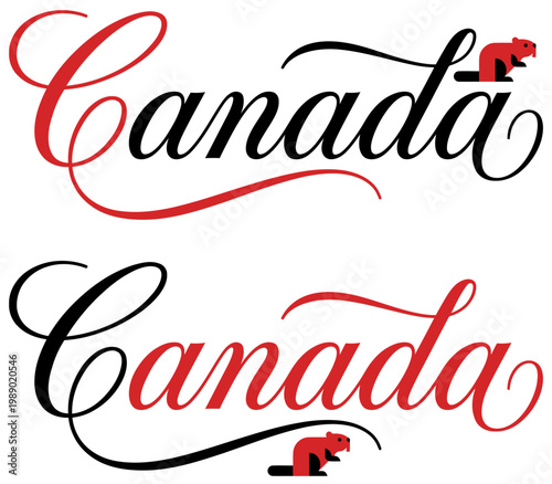 Canada wordmark with red and black beaver icons on white background