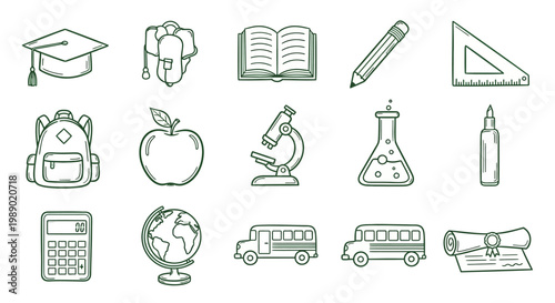 Collection of hand-drawn school and education-related icons, perfect for learning themes.