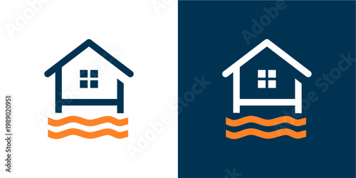 Graphic illustration of a house with rising flood waters, depicted in two contrasting colors, symbolizing the threat of flooding and climate change. This image can be used for environmental, insurance