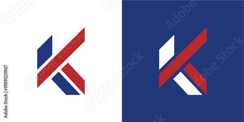 Photos Two stylized letter k logos, one on a white background and one on a blue background, featuring red, white, and blue colors, symbolizing corporate branding or identity