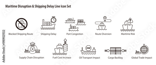 Maritime Disruption & Shipping Delay Line Icon Set./ 海上輸送の混乱・遅延アイコンセット（航路封鎖・リスク・コスト増・サプライチェーン影響）