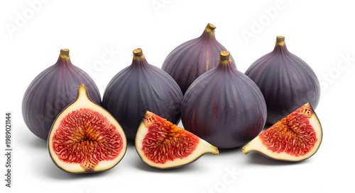 Beautiful ripe purple figs, whole and halved, isolated on a white background. Great for premium food and health designs