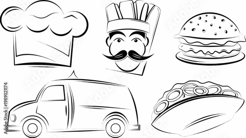 Vector icons of food delivery menu items and chef with mustache on white background