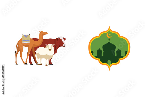 Camel And Sheep Eid Celebration. Eid Al adha Concept Icon. Vector Icon graphic illustration