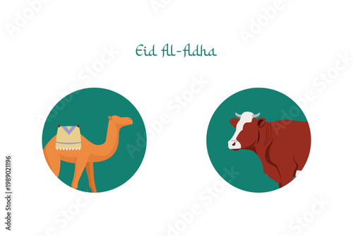 Camel And Cow Eid Sacrifice Animals. Eid Al adha Concept Icon. Vector Icon graphic illustration
