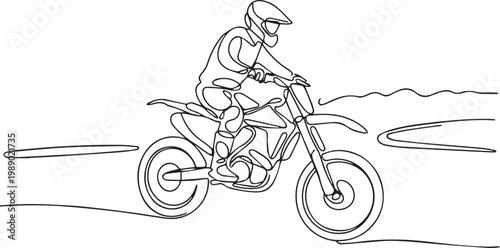 PrintContinuous line drawing of a motorcyclist riding on a dirt bike isolated on white background