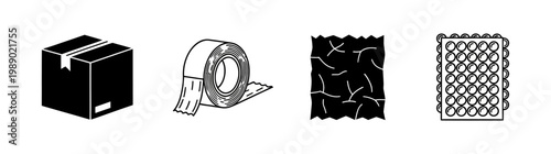 Vector Graphics Icons Representing Packaging Supplies Cardboard Box, Tape, Bubble Wrap, and Shipping Material