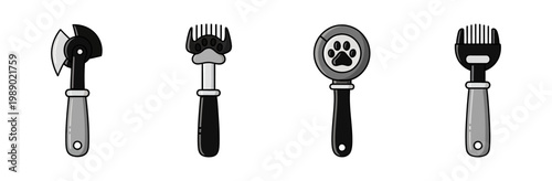 Collection of grooming tools for pets including brushes and combs for pet care and hygiene