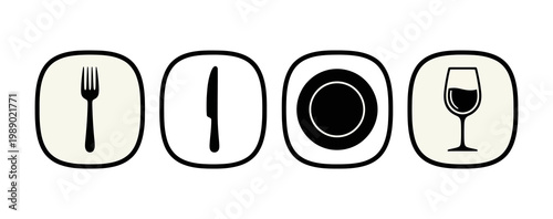 A set of four icons representing dining and drinks, including a fork, knife, plate, and wine glass