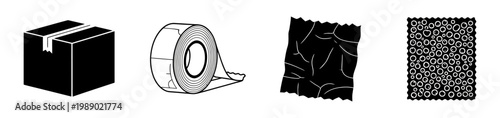 Four distinct illustrations depicting a cardboard box, a roll of tape, a textured fabric, and a speckled pattern, rendered in a clean, monochromatic style for versatile design applications