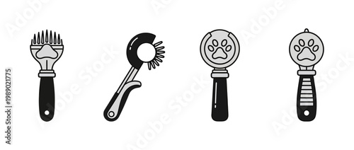 A collection of four black and white line art icons depicting grooming tools for pets, including brushes and combs