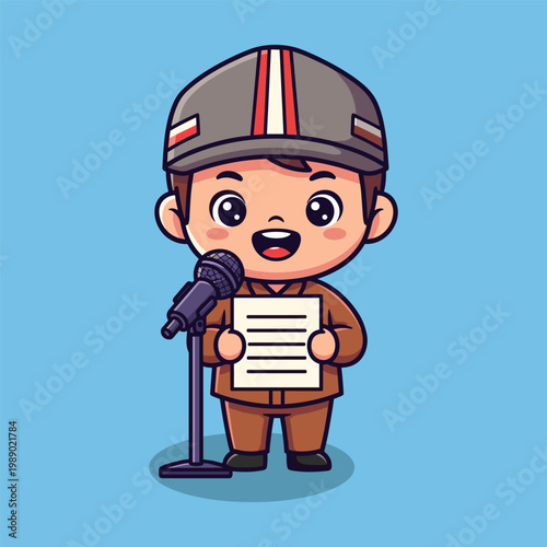 A cartoon boy wearing a helmet stands confidently at a microphone holding a paper