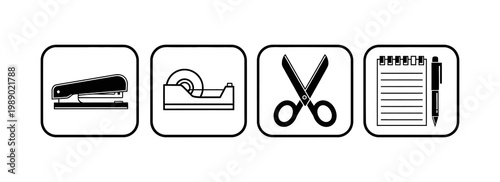 Collection of essential office supplies including a stapler, tape dispenser, scissors, and notepad with a pen, presented in a simple icon style