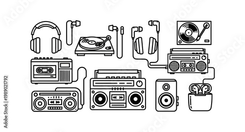 Collection of vintage and modern audio devices and accessories for music listening