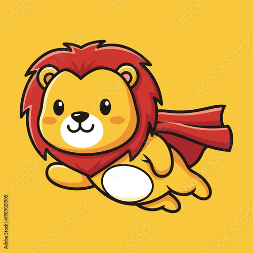 A cartoon lion wearing a red cape and flying through the air with a happy expression