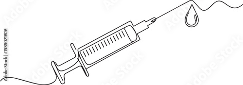 A line drawing of a syringe with a needle and a drop of liquid