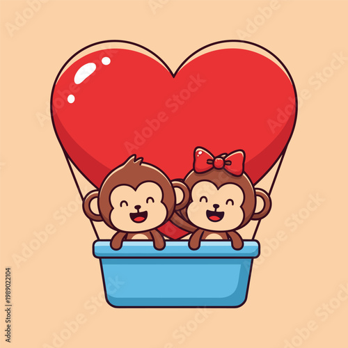 Two cute cartoon monkeys sitting in a hot air balloon with a heart-shaped balloon