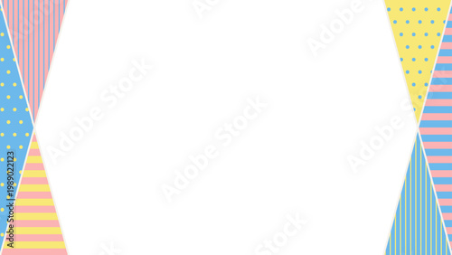 ブルー・ピンク・イエローの三角パターンを左右に重ねた1920×1080幾何学フレーム ポップなバナー背景用ベクター素材