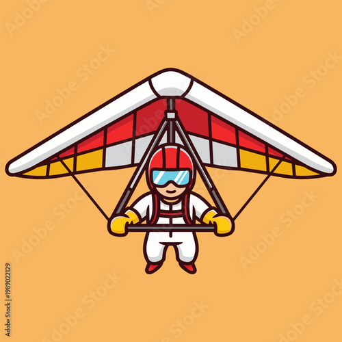 A cartoon hang glider soars through the air with a vibrant wing