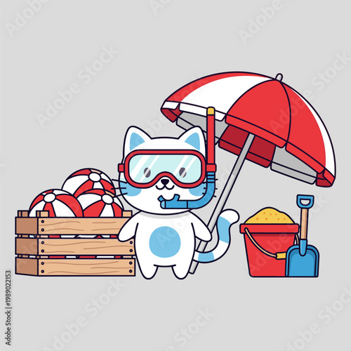 A cartoon cat wearing snorkeling gear stands next to a beach umbrella and bucket