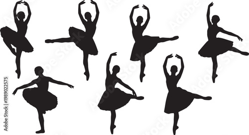 Black Solid Ballet Port De Bras Silhouettes Set of Six on White Background