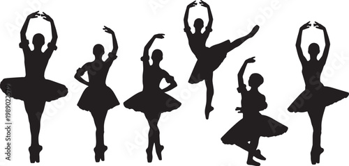 Black Solid Ballet Port De Bras Silhouettes Set of Six on White Background