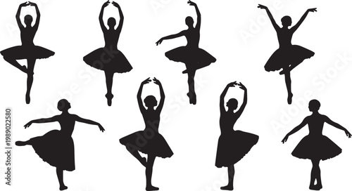Black Solid Ballet Port De Bras Silhouettes Set of Six on White Background